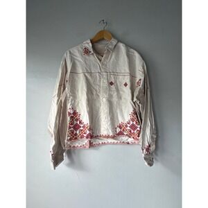 Jess Meany Embroidered Boxy Button Down Shirt Jacket Cream‎ XL